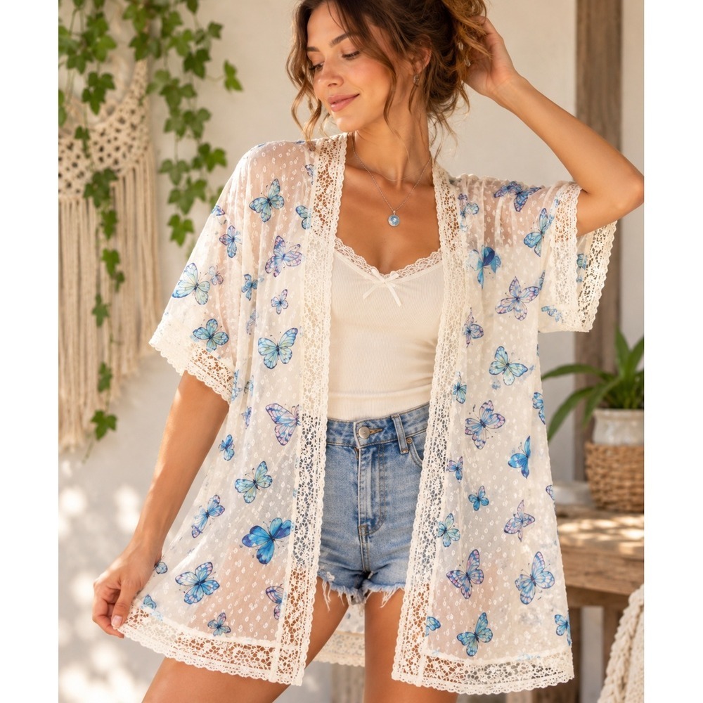 Candie's Y2K Butterfly Kimono Womens S Sheer Swiss Dot Lace Fairycore Boho